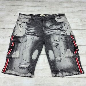 FWRD Denim Cargo Shorts Men 40 Gray Acid Wash Slim Fit Distressed Paint Splatter